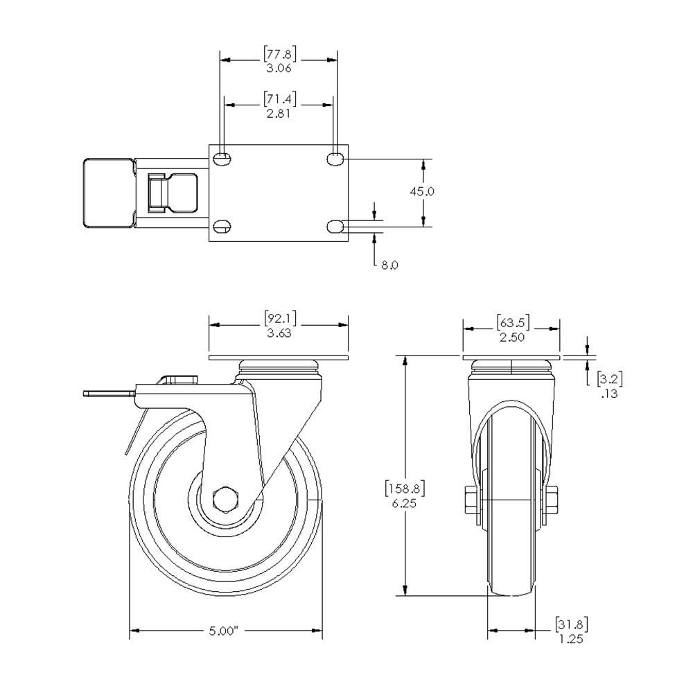 31-SPD5-1 MODULAR SOLUTIONS ALUMINUM CASTER<br>5" SWIVEL TOP PLATE W/LOCK